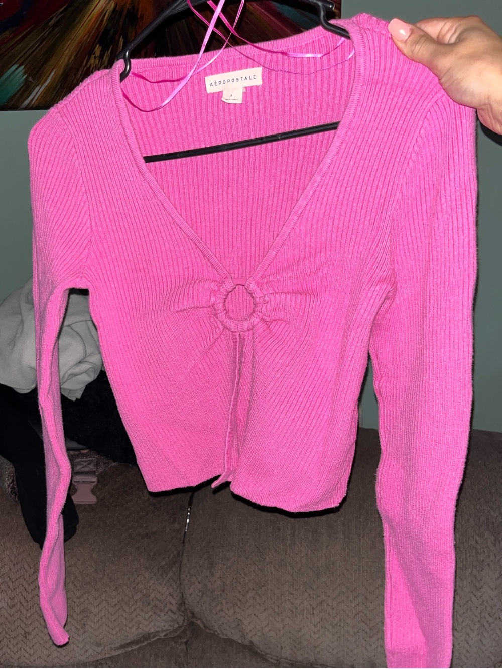 Aeropostale Hot Pink Ribbed V-Neck Ring-Front Long Sleeve Top